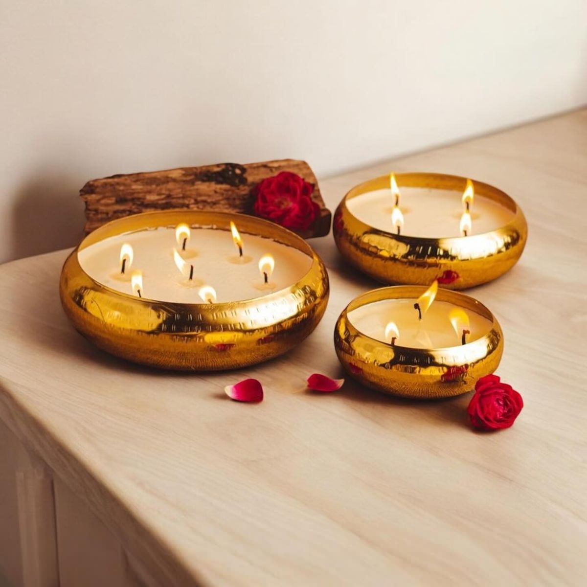Set of 3 Textured Brass Candle Urli Bowls AH-191 Moradabad
